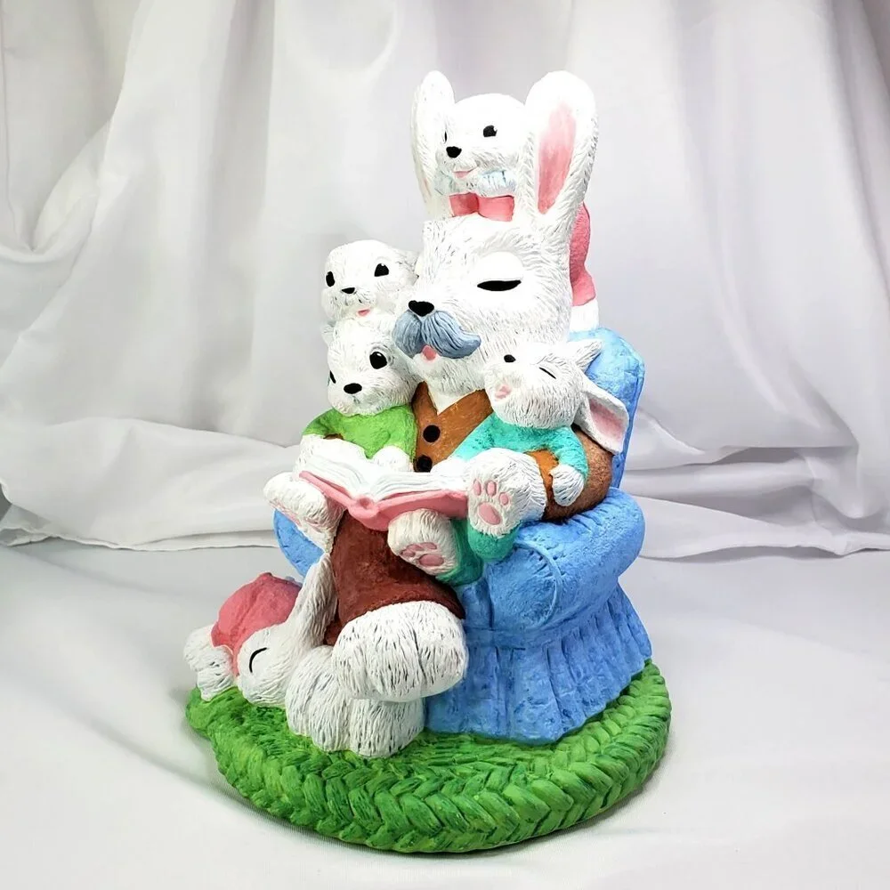 VTG 1994 Easter Bunny Rabbits Grandpa & Kids Large Ceramic Decoration 10